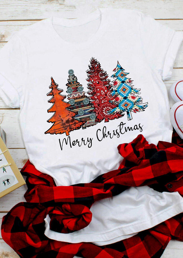 

T-shirts Tees Merry Christmas Aztec Geometric Tree T-Shirt Tee in White. Size