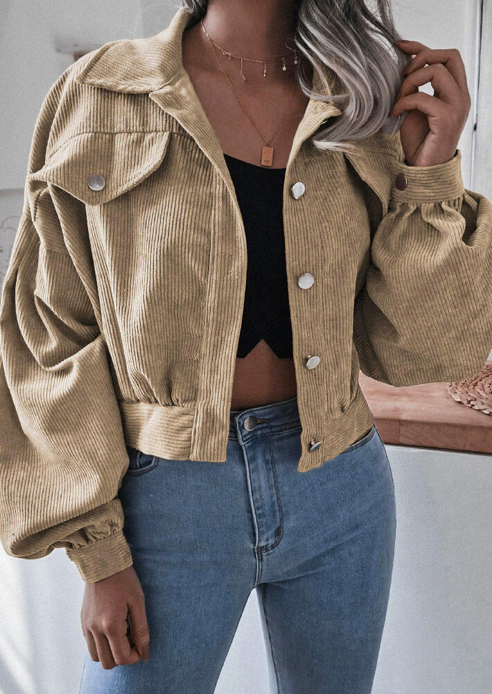 

Coats Ruffled Button Lantern Sleeve Corduroy Jacket Coat in Khaki. Size