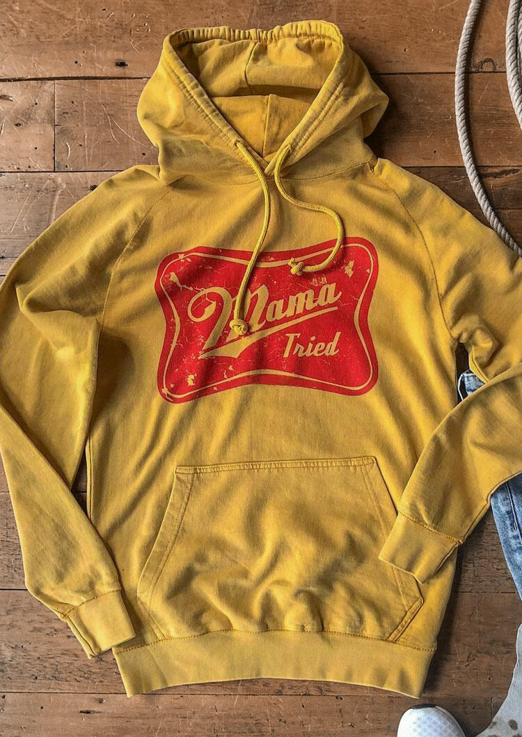 

Hoodies Mama Tried Drawstring Kangaroo Pocket Pullover Hoodie in Yellow. Size: S,M