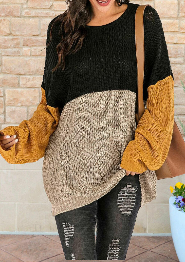 

Sweaters Color Block O-Neck Long Sleeve Knitted Sweater in Black. Size