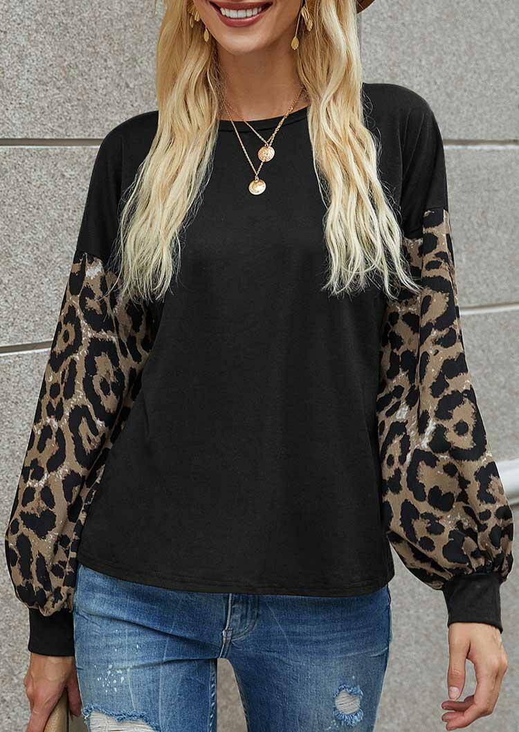 

Blouses Leopard Splicing Elastic Cuff O-Neck Blouse in Black. Size: S