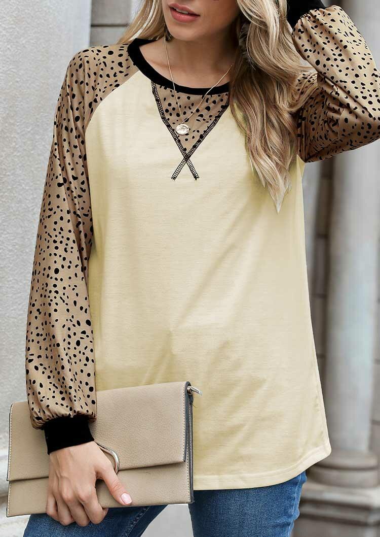 

Blouses Leopard Splicing O-Neck Raglan Sleeve Blouse in Apricot. Size