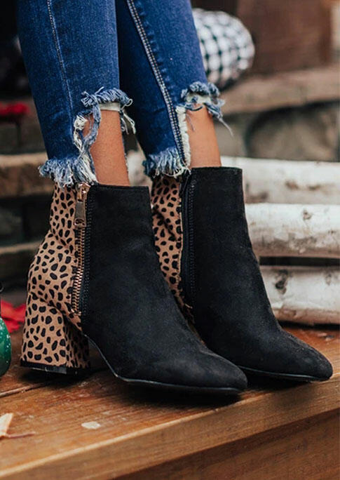 

Boots Leopard Splicing Zipper Chunky Heel Ankle Boots in Black. Size: ,38,39,40,41