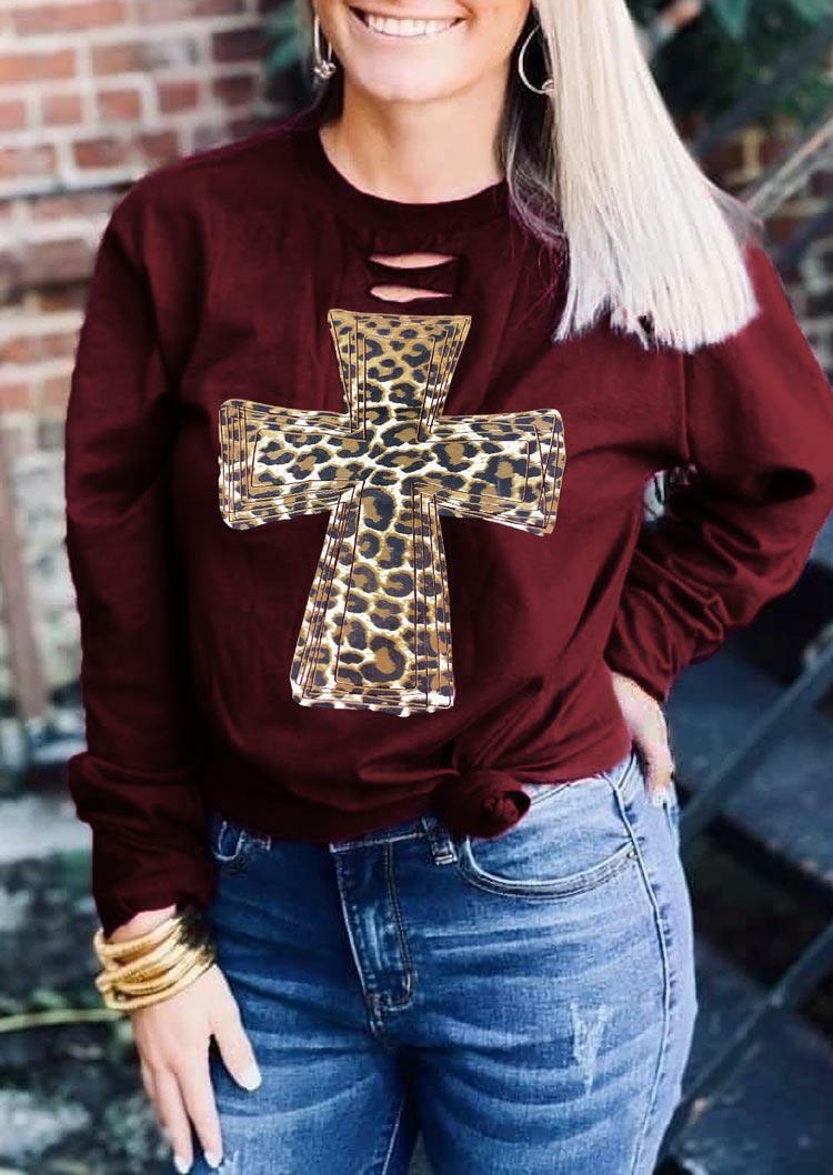 

Sweatshirts Leopard Cross Hollow Out Pullover Sweatshirt in Burgundy. Size