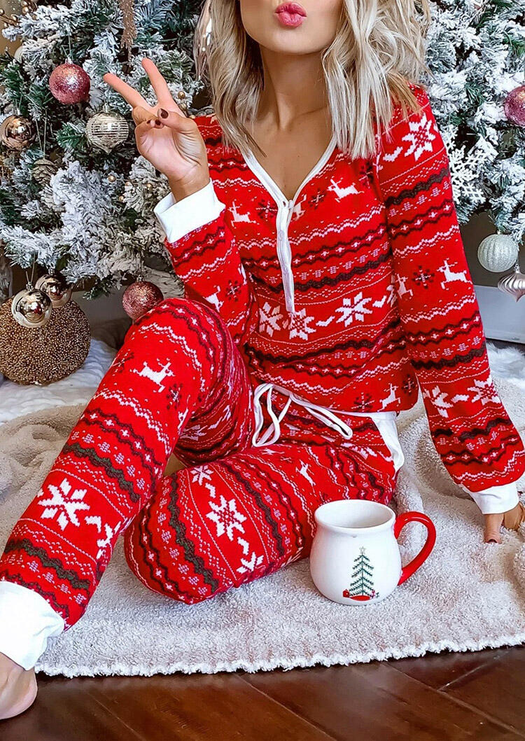 

Two-Piece Sets Christmas Reindeer Snowflake Blouse And Drawstring Pants Two-Piece Set in Red. Size