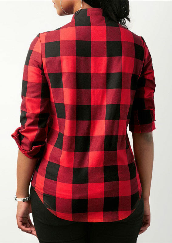 

Shirts Buffalo Plaid Lace up Pocket Asymmetric Shirt in Red. Size: S,M,L