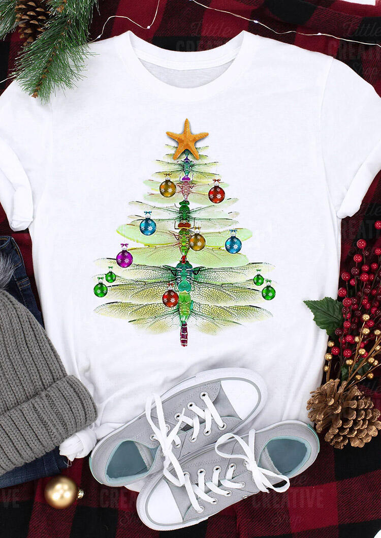 

T-shirts Tees Christmas Tree Dragonfly O-Neck T-Shirt Tee in White. Size: ,M