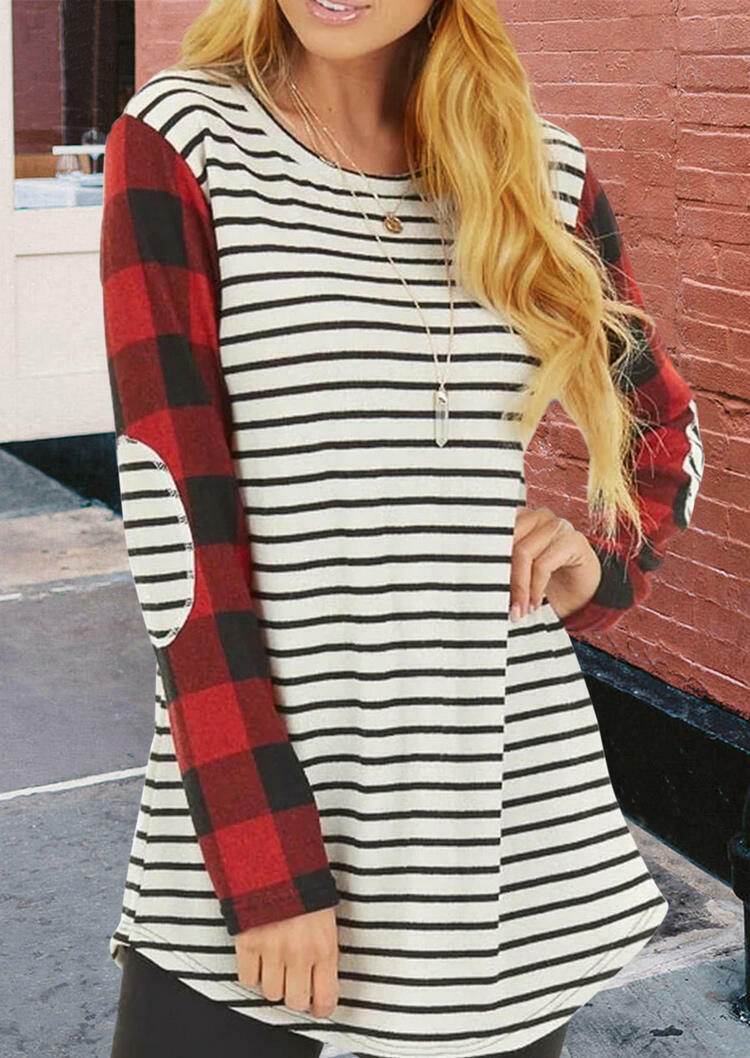 

Blouses Buffalo Plaid Splicing Striped Elbow Patch Blouse in Plaid. Size: ,M