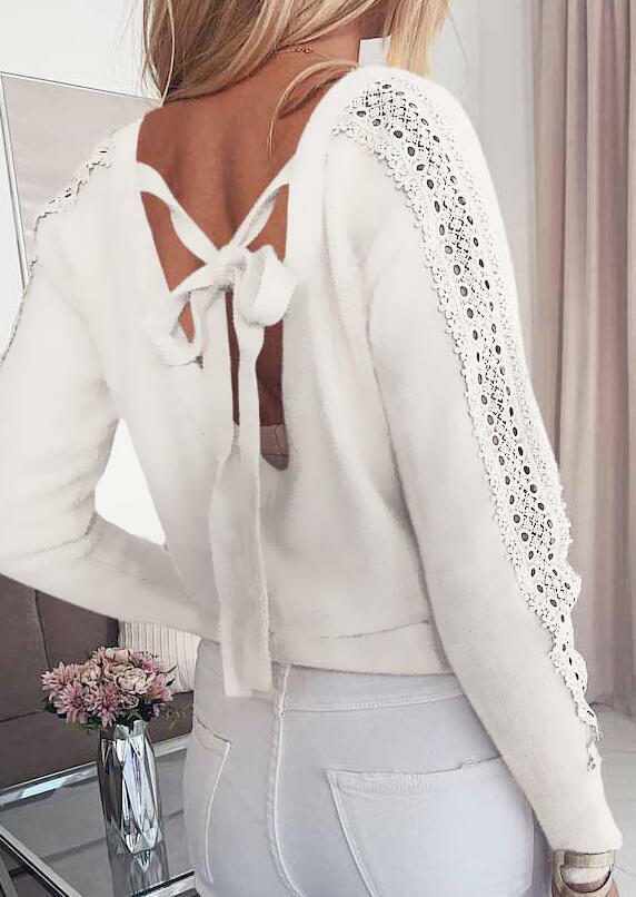 

Blouses Lace Splicing Open Back Tie Long Sleeve Blouse in White. Size