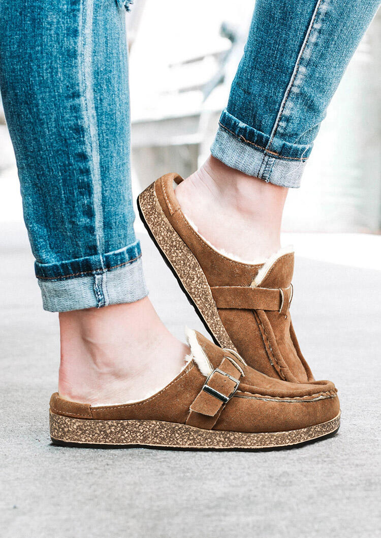 

Slippers Buckle Strap Plush Warm Flat Slippers in Light Brown. Size: ,38,39,40,41