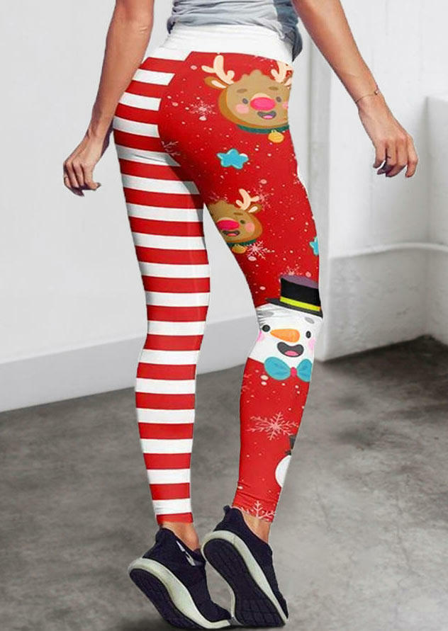 

Leggings Christmas Reindeer Snowman Snowflake Striped Leggings in Red. Size