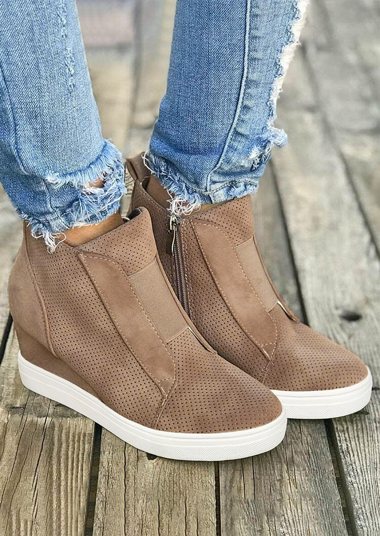 

Sneakers Preforated Zipper Elastic Band Wedged Heel Sneakers in Light Coffee. Size