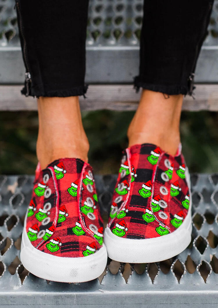 Christmas Hat Grinch Buffalo Plaid Slip On Flat Sneakers - Red