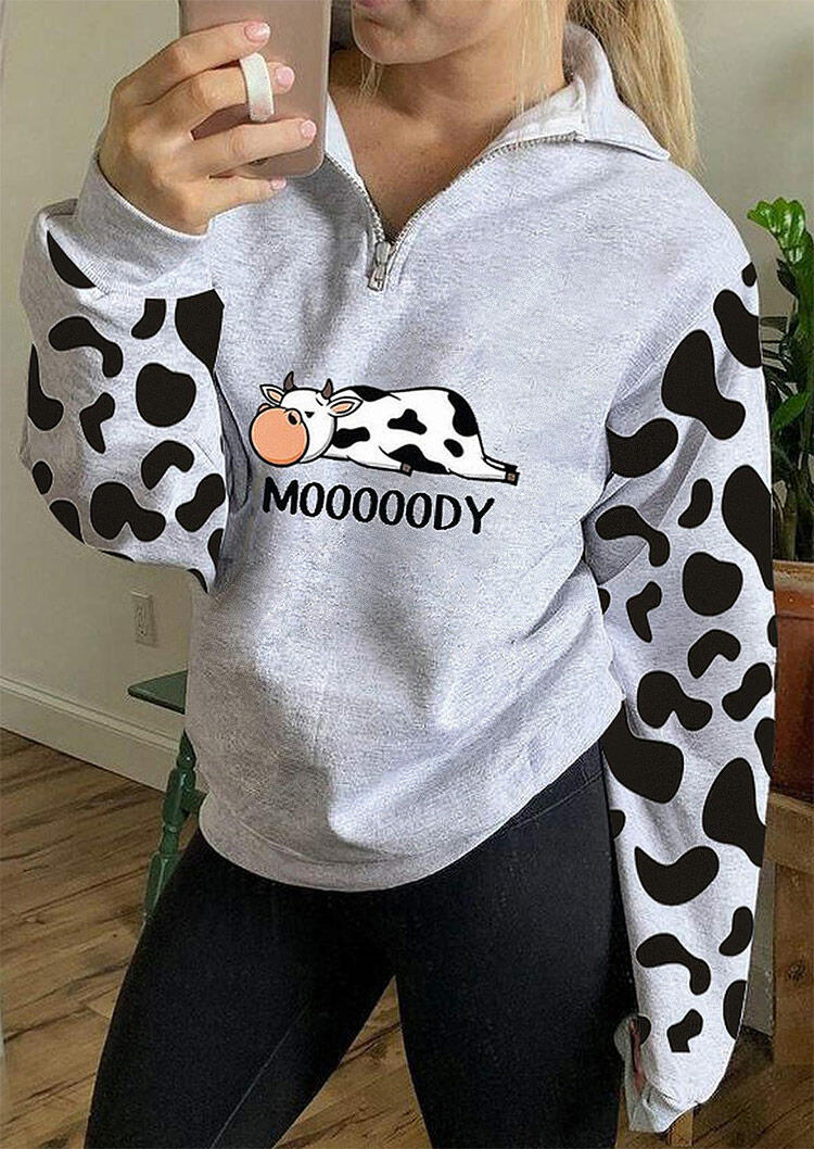 

Sweatshirts Mooooody Lazy Cow Zipper Collar Pullover Sweatshirt in Light Grey. Size