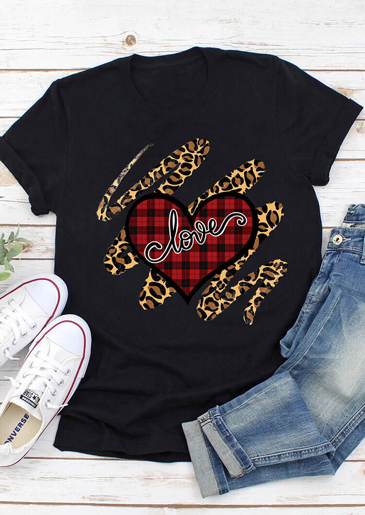 

T-shirts Tees Leopard Buffalo Plaid Love Heart T-Shirt Tee in Black. Size: ,L,XL