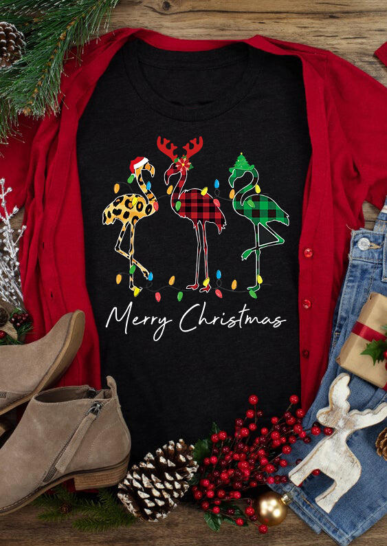 

T-shirts Tees Merry Christmas Leopard Buffalo Plaid Flamingo T-Shirt Tee in Black. Size