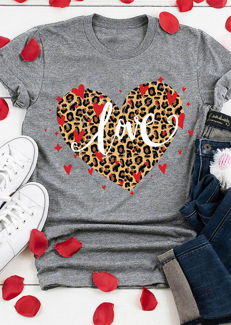 T-shirts Tees Leopard Heart Love T-Shirt Tee in Gray. Size: S