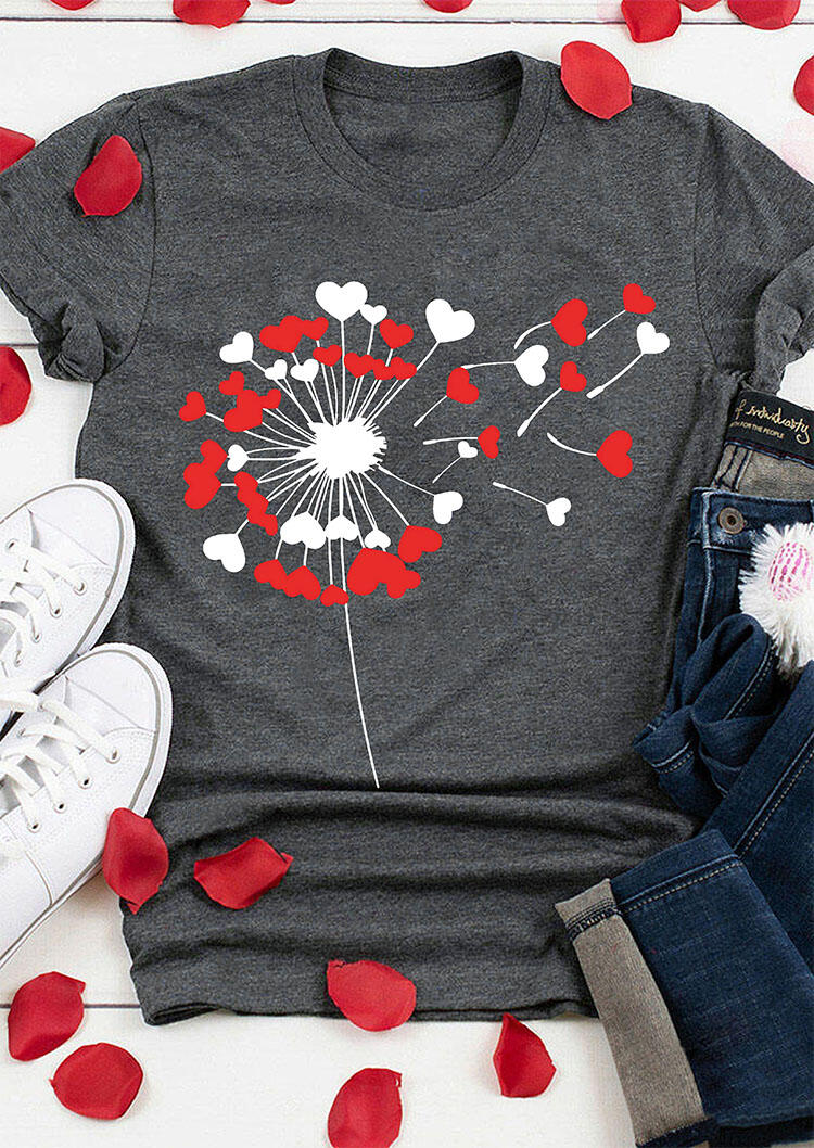 

T-shirts Tees Love Heart Dandelion O-Neck T-Shirt Tee in Gray. Size