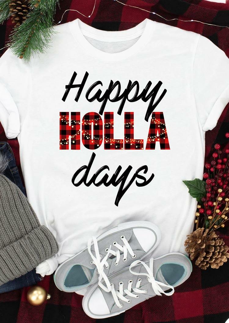 

T-shirts Tees Christmas Happy Holla Days Buffalo Plaid T-Shirt Tee in White. Size