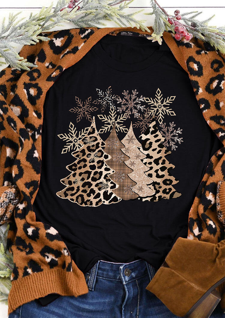 

T-shirts Tees Leopard Christmas Tree Snowflake Merry And Bright T-Shirt Tee in Black. Size: ,XL