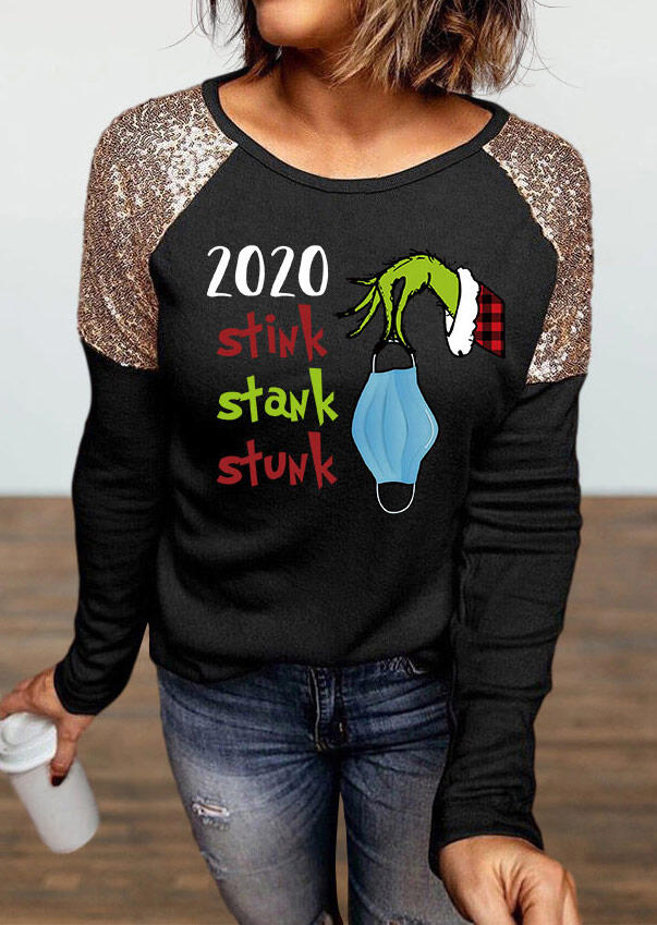 

Blouses 2020 Stink Stank Stunk Grinch Hand Sequined Splicing Blouse in Black. Size: ,XL