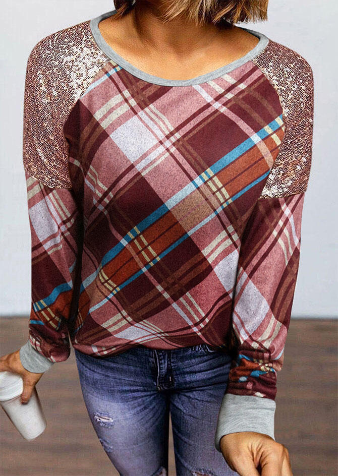 

Blouses Plaid Sequined Splicing Long Sleeve Blouse in Plaid. Size: ,L
