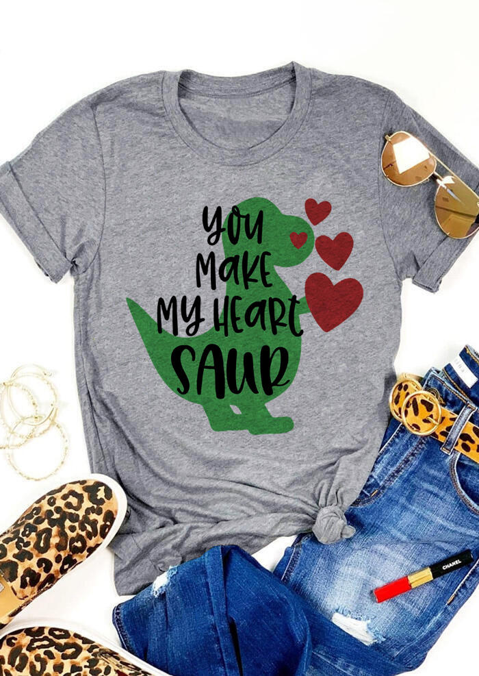 

T-shirts Tees You Make My Heart Saur Dinosaur T-Shirt Tee in Light Grey. Size