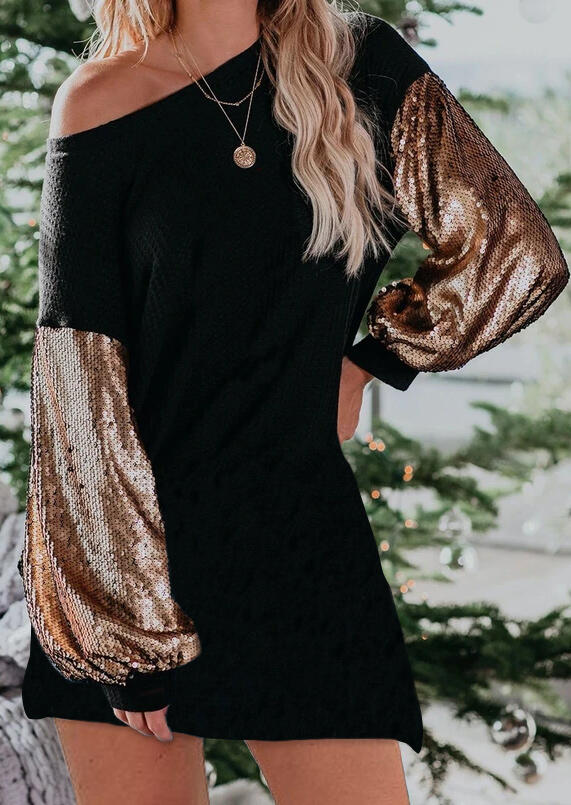 

Mini Dresses Sequined Splicing Lantern Sleeve Mini Dress in Black. Size: S,M,,XL