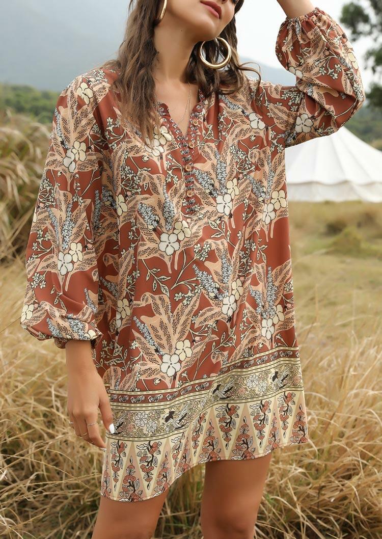 

Mini Dresses Bohemian Floral Leaf Elastic Cuff V-Neck Mini Dress in Brown. Size