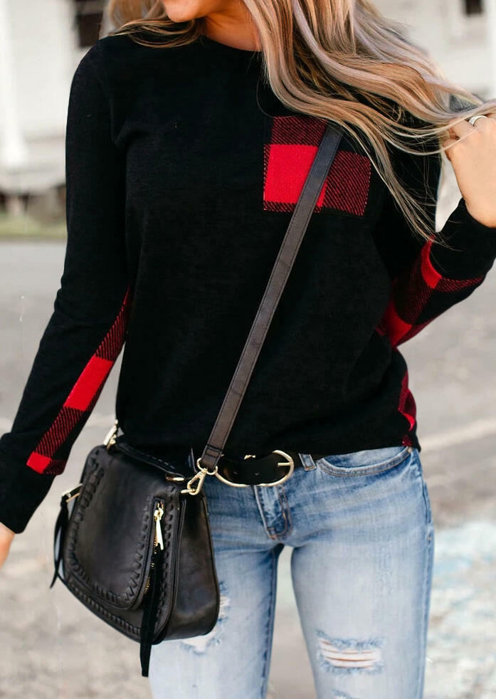 

Blouses Plaid Splicing Pocket Long Sleeve Blouse in Black. Size