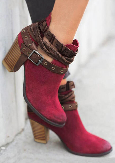 

Boots Round Toe Chunky Heel Buckle Strap Ankle Boots in Burgundy. Size: ,39