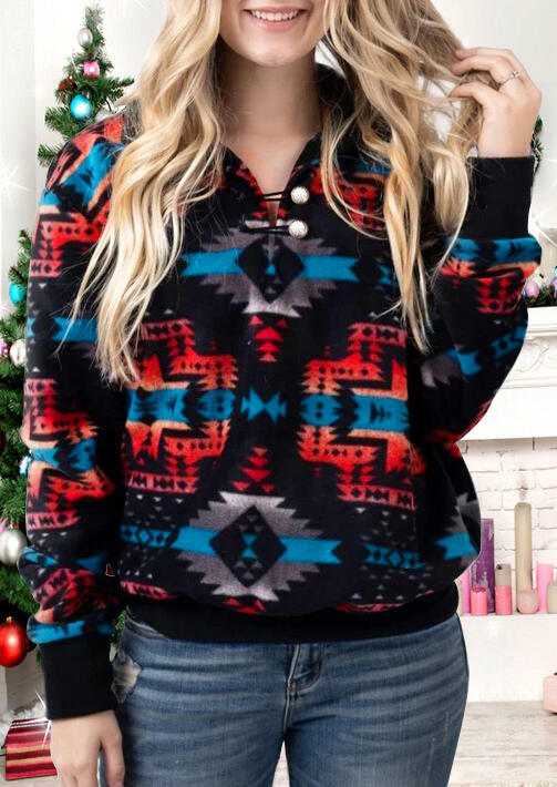 

Sweatshirts Aztec Geometric Western Rhombus Button Pullover Sweatshirt in Multicolor. Size