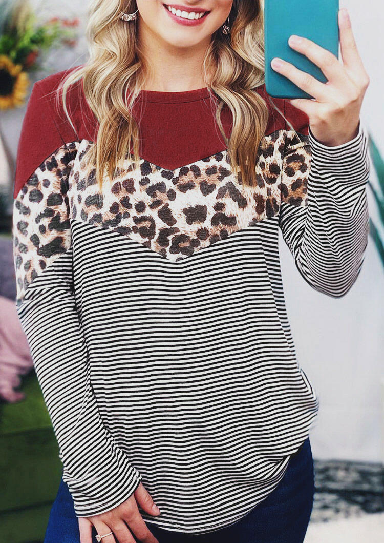 

Blouses Striped Leopard Splicing Long Sleeve O-Neck Blouse in Multicolor. Size