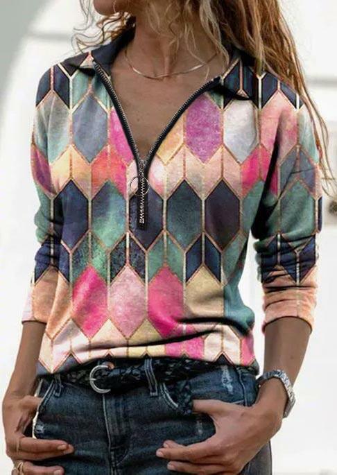 

Blouses Colorful Geometric Zipper Collar Long Sleeve Blouse in Multicolor. Size