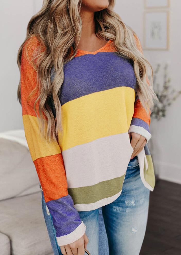 

Blouses Colorful Striped Color Block V-Neck Blouse in Multicolor. Size