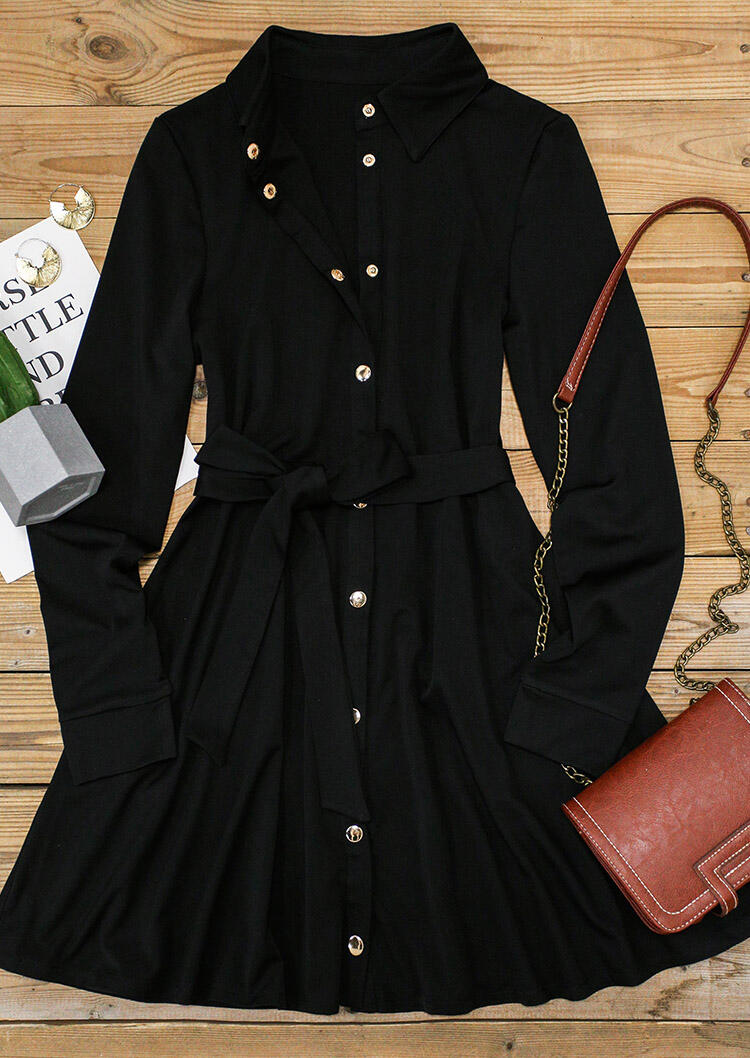 

Mini Dresses Snap Button Turn-down Collar Long Sleeve Mini Dress in Black. Size: ,XL