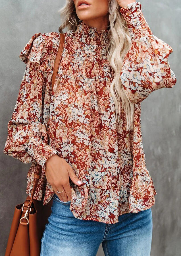 

Blouses Floral Hollow Out Button Smocked Puff Sleeve Blouse in Multicolor. Size