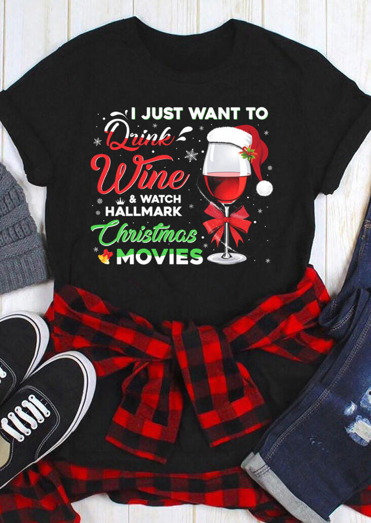 

T-shirts Tees Drink Wine & Watch Christmas Movies T-Shirt Tee in Black. Size