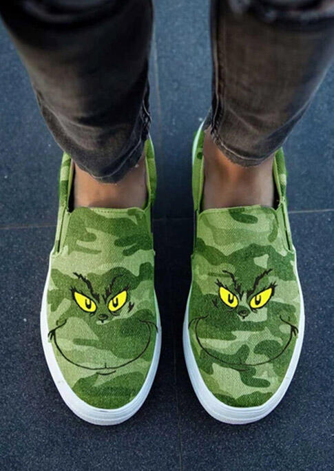 

Sneakers Christmas Grinch Face Camouflage Slip On Casual Canvas Sneakers in Camouflage. Size