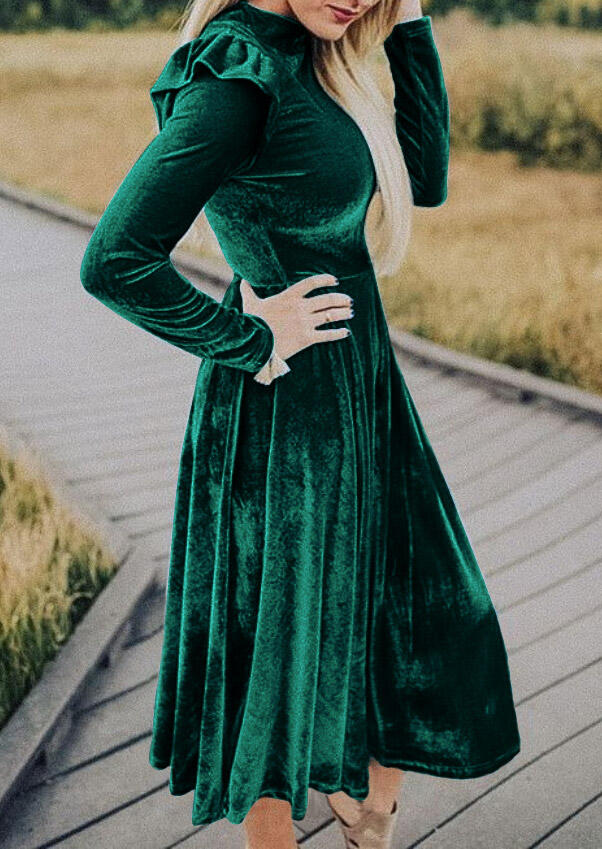 

Casual Dresses Ruffled Zipper Long Sleeve O-Neck Fleece Casual Dress in Green. Size