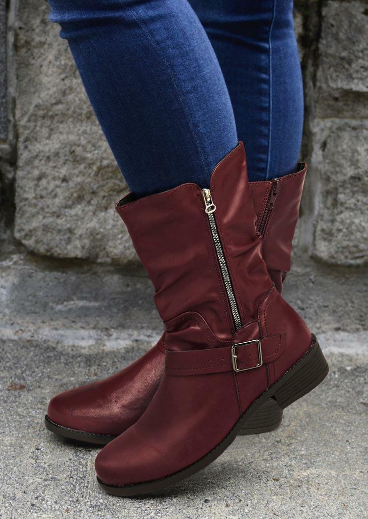 

Boots Buckle Strap Zipper Ruffled Round Toe Boots in Burgundy. Size
