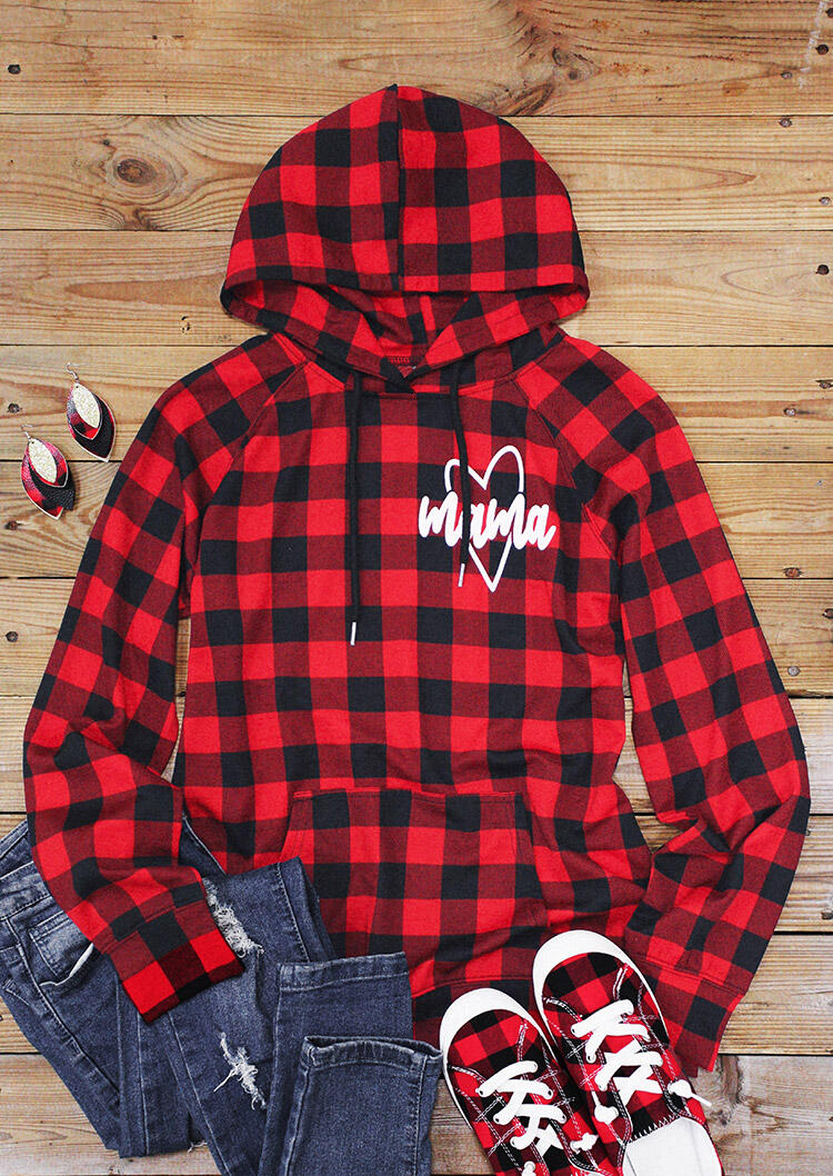 

Hoodies Buffalo Plaid Kangaroo Pocket Mama Heart Hoodie in Plaid. Size