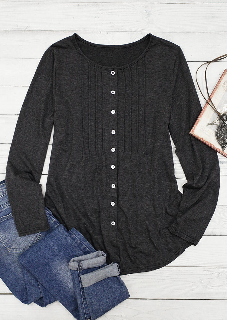 

Blouses Ruffled Button Long Sleeve O-Neck Blouse in Dark Grey. Size
