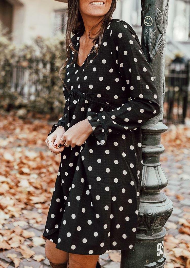 Mini Dresses Polka Dot Ruffled V-Neck Mini Dress in Black. Size: L,M,S