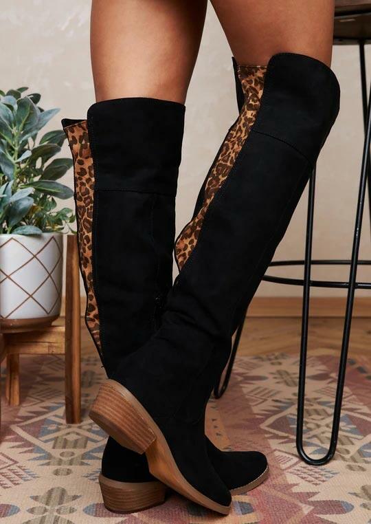 

Boots Leopard Splicing Low Heeled Thigh-High Comfortable Boots in Black. Size: ,38,39,40,41