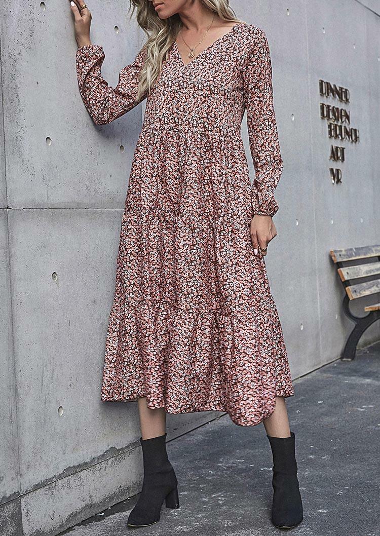 

Midi Dresses Floral Ruffled V-Neck Elastic Cuff Midi Dress in Multicolor. Size