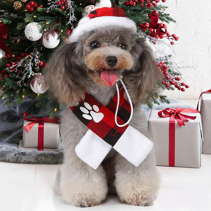 

Pet Products 2Pcs Christmas Buffalo Plaid Dog Paw Pet Hat And Scarf Set in Red. Size