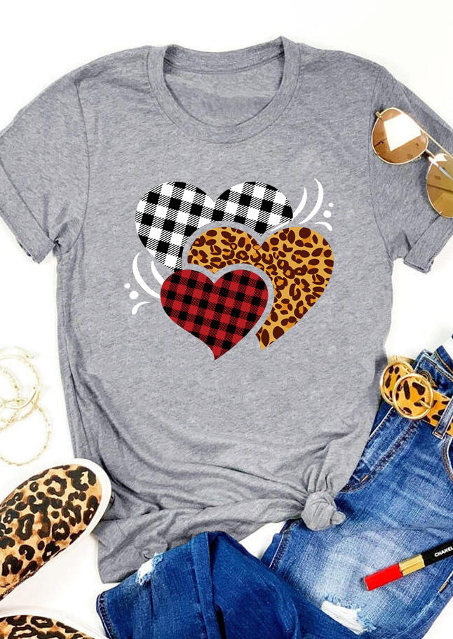

T-shirts Tees Leopard Plaid Heart T-Shirt Tee in Gray. Size: ,M