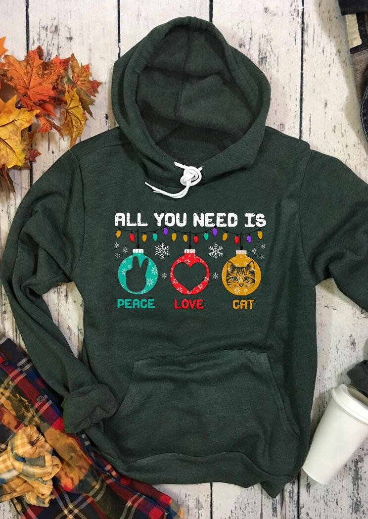 

Hoodies Christmas All You Need Is Peace Love Cat Drawstring Hoodie in Green. Size: S,M,,XL