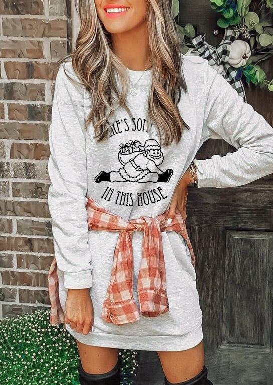 

Mini Dresses Christmas Santa Claus There's Some Hos In This House Mini Dress in Light Grey. Size: S,M,,XL